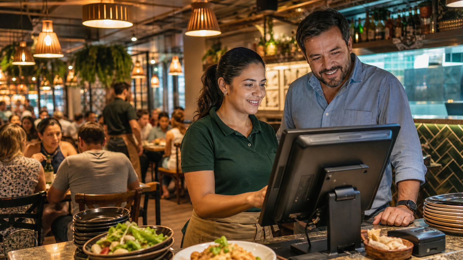 Atendimento em restaurante com o sistema no balcão