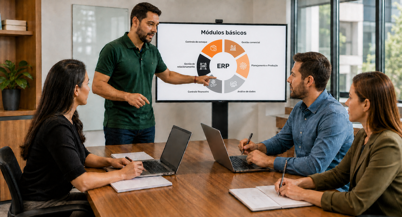 Equipe em treinamento sobre os módulos do ERP