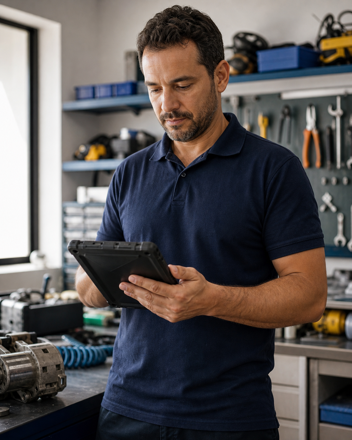 Técnico consultando ordens de serviço no tablet