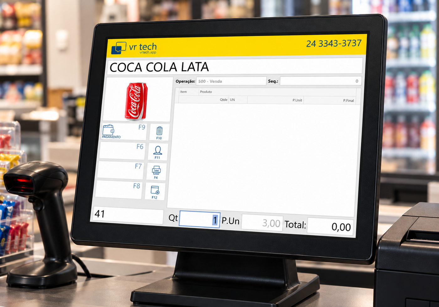 Monitor com a frente de caixa do VR System, leitor e impressora no balcão